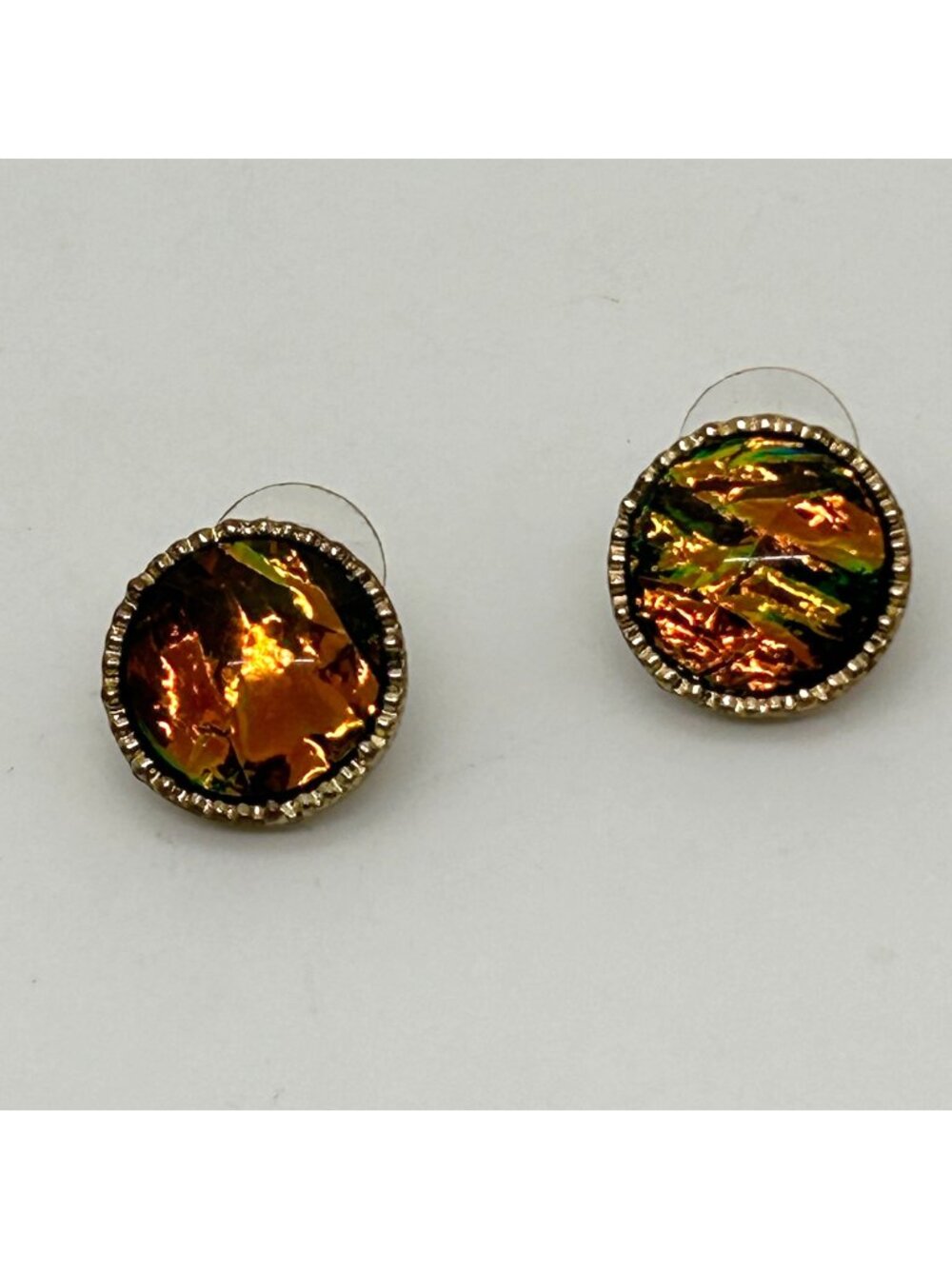 Iridescent Button Post Earrings Acrylic Round Textured Gold Border Vintage